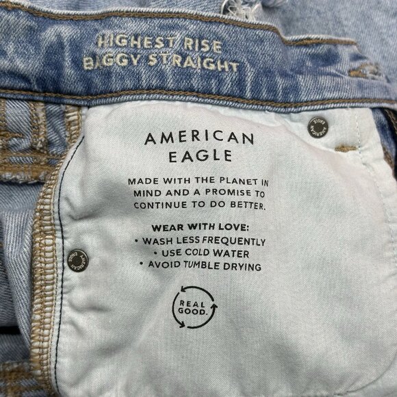 American Eagle Highest Rise Baggy Straight Size 00 Destroyed Light Wash Jeans - Picture 12 of 12